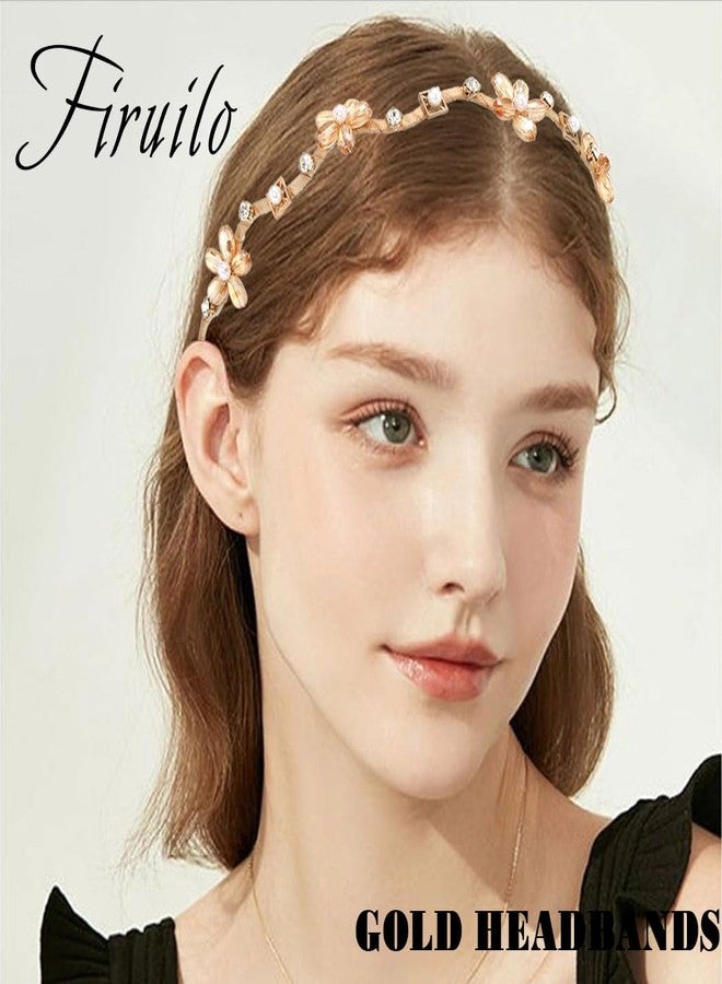 Firuilo Gold Rhinestones Headbands Crystal Pearl Flower Hair Bands Wave Thin Beaded Headbands Bride Weeding Hair Hoop for Women(Gold) - Image 3